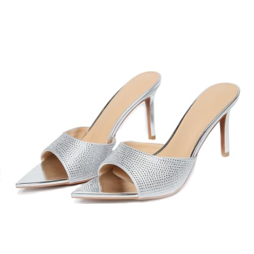 Women's Pointed Open Toe Stiletto Slide Sandals Slip on Glitter Rhinestones High Heels Mules Sexy Evening Party Wedding Prom Dress Shoes