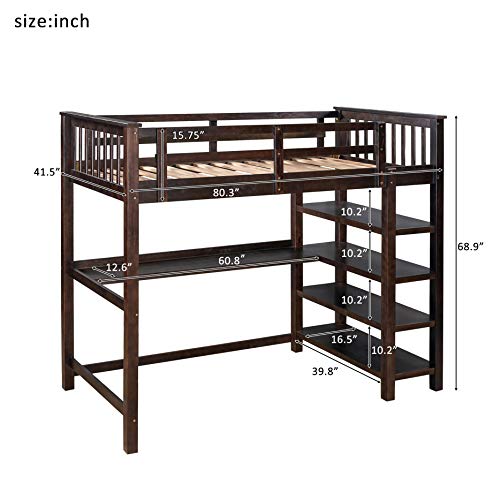 Image of Harper & Bright Designs Twin Loft Bed with Desk and Storage Shelves, Wood Loft Bed with Ladder, for Kids, Teens, Adults (Espresso)