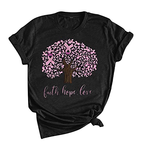 oelaio Breast Cancer Awareness Tees for Women Trendy Girls Short Sleeve Tshirts Fall Casual Pink Ribbon Print Tops Crewneck