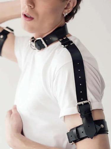 Herren PU Leder Schultergurt mit Halsband – verstellbares schwarzes Gurt Top mit Armband Zubehör für Punk Mode, Festivals, Cosplay & Bühne Outfits (Halsband 34,0–46,0 cm) – Bild 2