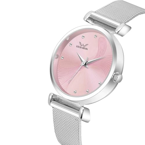 Image of LOUIS DEVIN Mesh-Type Stainless Steel Chain Analog Wrist Watch for Women (Black /Blue /Pink /Green Dial) | LD-L504-CH