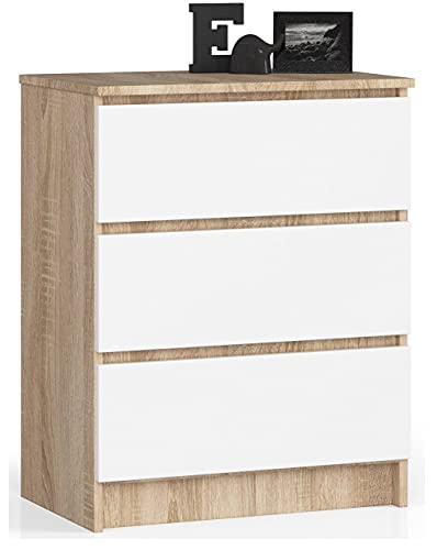 AKORD Commode K60 avec 3 tiroirs | Commode Classique pour La Chambre, Salon | Meuble de Rangement | L60 x H77 x P40 cm | Poids 25 kg | Chêne Sonoma/Blanc