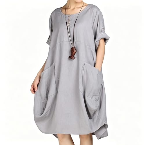 Image of LaovanIn Women's Plus Size Tunic Dress Summer Cotton Linen T Shirt Knee-Length Dresses