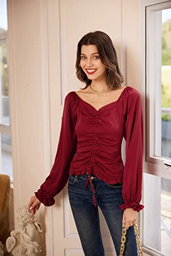 Off Sholder Satin Vintage Blouse For Women Lantern Long Sleeve Drawstring Adjustable Tops Ruffled Shirt Off Shoulder Wine Red Xl #TOP2