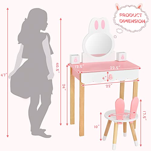 Costzon Kids Vanity Set With Mirror, 2 In 1 Princess Makeup Dressing Table W/Detachable Top, Toddler Vanity With Chair, Drawer & Solid Wood Legs, Pretend Play Vanity Set For Little Girls (Pink) #TOP5