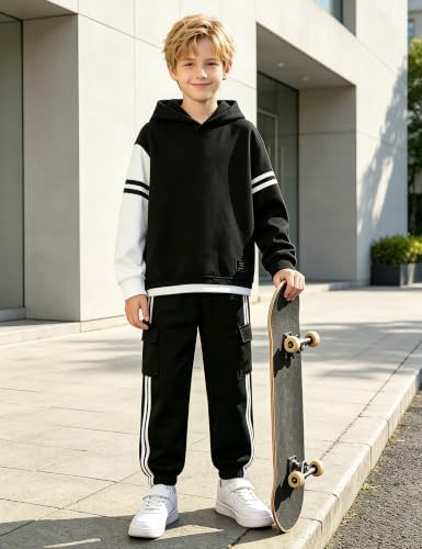 Sislerew Teen Boys Clothes - 2 Piece Striped Faux Two-piece Hooded Top and Jogging Pants with Pockets Fall Winter Boys Sweatsuits Size 12-14 Black