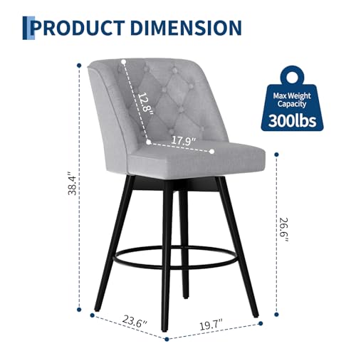 Set de 2 Butacos Modernos Giratorios de Barra - Sillas de 26'' con Respaldo - Tapizado en Lino Gris Claro, Asiento Cómodo, Reposapiés de Hierro Resistente - Ideal para Isla de Cocina y Bar Hogareño miniatura 2