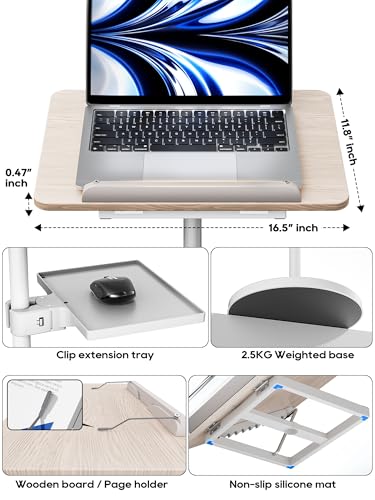 Miniatura 8 de Soporte Ajustable 2 En 1 Para Libros Y Portátiles - Altura Regulable 60-132 Cm, Uso Dual En Suelo Y Mesa, Clip Elásticos Para Partituras, Recetas, Tablets Y Laptops, Diseño Moderno En Blanco