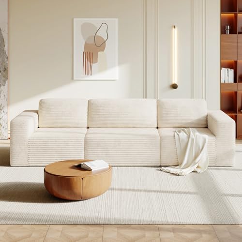 Vesgantti 303 cm Groß Modulares Ecksofa mit Schlaffunktion, 3‑Sitzer Cordsofa mit Federkern, Extra Tiefe Sitzfläche, Boneless Schlafcouch, Für Wohnzimmer, Keine Montage erforderlich, Beige