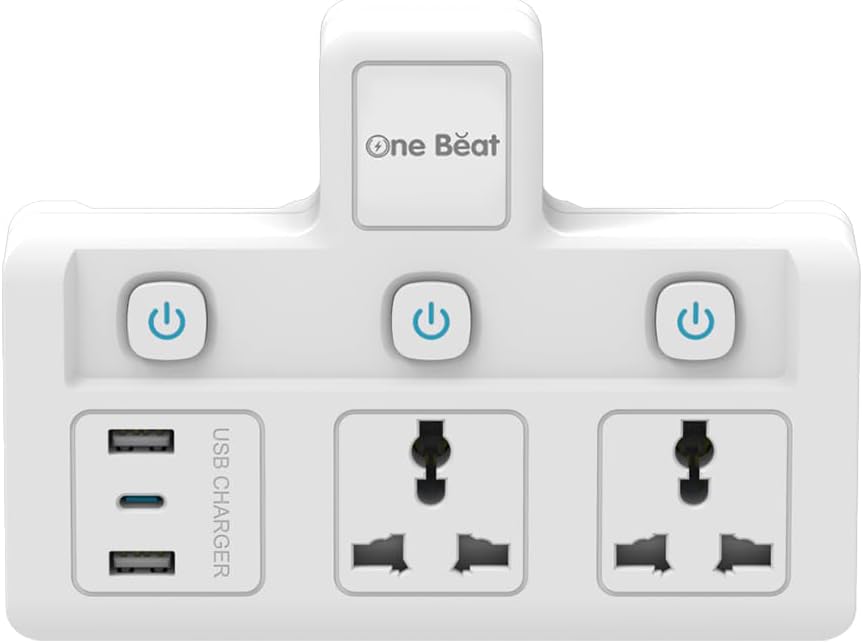 One Beat Cordless Extension Board with Individual Switch-Multi Plug Socket with 2 USB A & 1 USB C Slot - Flex Board with Safety Shutter Protection