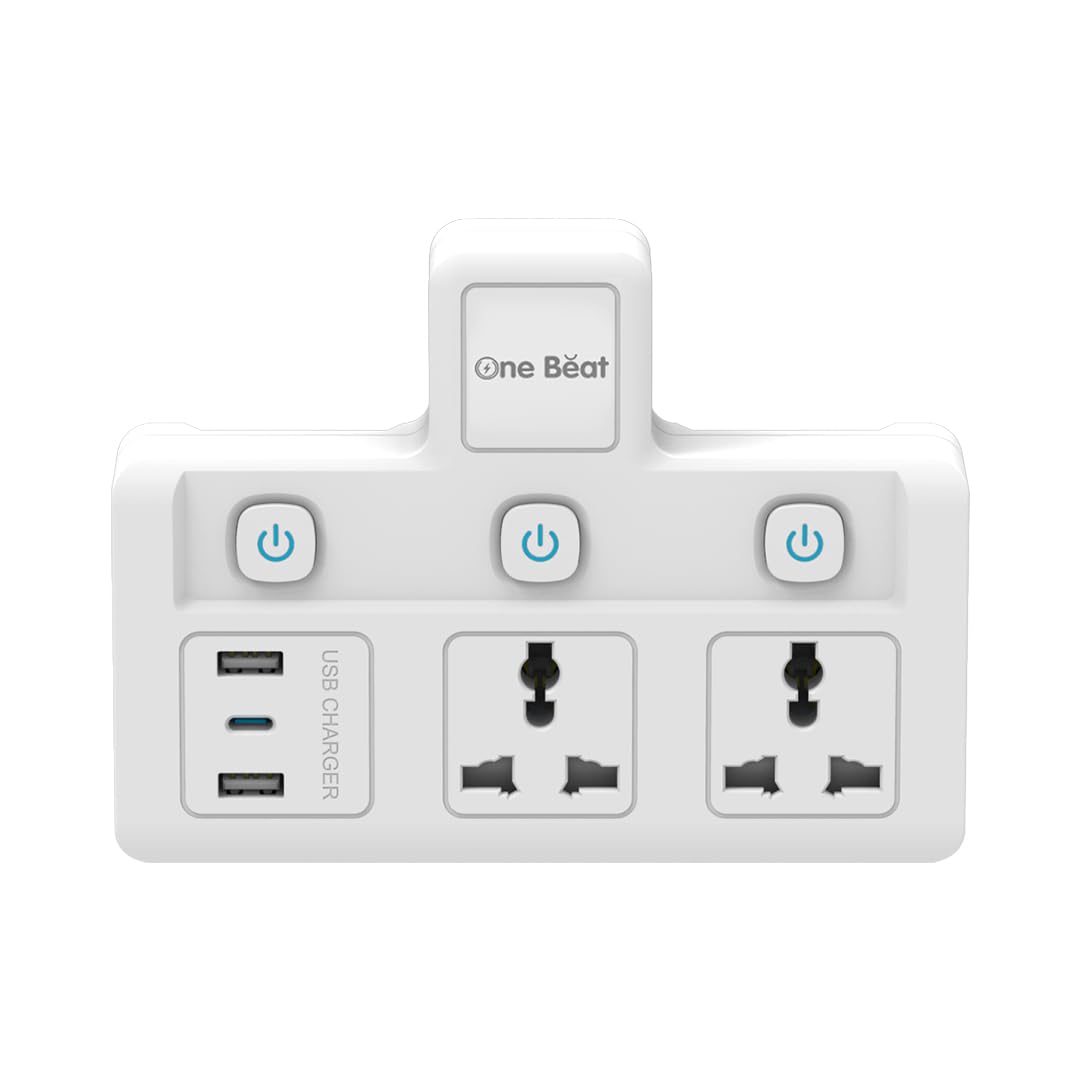 One Beat Cordless Extension Board with Individual Switch-Multi Plug Socket with 2 USB A & 1 USB C Slot – Flex Board with Safety Shutter Protection