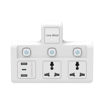 One Beat Cordless Extension Board with Individual Switch-Multi Plug Socket with 2 USB A & 1 USB C Slot - Flex Board with Safety Shutter Protection