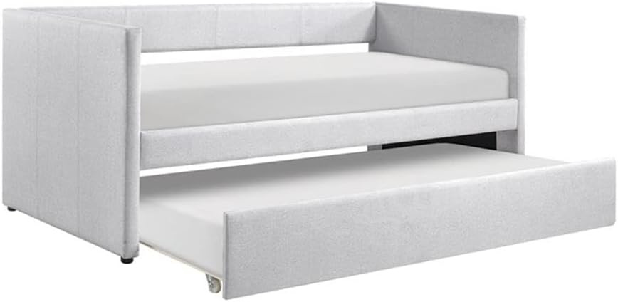Pemberly Row Textured Fabric Daybed with Pull-Out Trundle, Gray Upholstery, 300 lbs Capacity, Wood and Engineered Wood Frame, Space-Saving Twin Bed, Modern Transitional Style for Bedroom or Guest Room