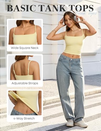 Missclub 3 Pack Square Neck Double Lined Tank Tops for Women Basic Fitted Going Out Outfits Spaghetti Strap Yellow Tank Top S — view 5