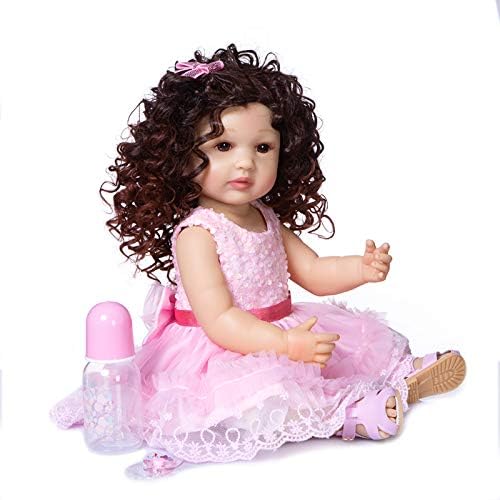 Lifelike Reborn Baby Doll 22 inch Realistic Reborn Baby Toddler Dolls Washable Baby Dolls Brown Hair with Pink Princess Dress Accessories Birthday Xmas Gift Sets for Kids