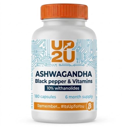 UP2U Ashwagandha con Pimienta Negra y Vitaminas B, 600 mg 10% Withanólidos, 180 Cápsulas, Suministro para 6 Meses