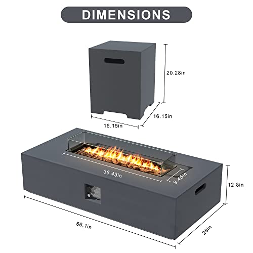 Upha 56'' Patio Propane Gas Concrete Fire Pit Table, Rectangular With Wind Guard And Fire Table Tank, 50000 Btu Auto-Ignition Fire Table, 56''L X 28''W X 12.8''H, Grey-Dk #TOP2