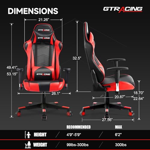 GTRACING Gaming Chair with Reclining Backrest, Adjustable Height and Swivel Base, Ergonomic Computer Chair with Headrest and Lumbar Support (Red) - Thumbnail 3