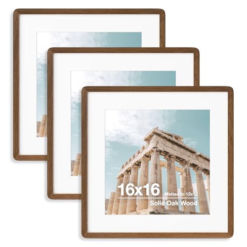 16x16 Matted Frame - Solid Oak Wood Square Frame For 12x12 Picture - Tempered Glass & Hanging Hardware Included - Walnut, 3 Packs
