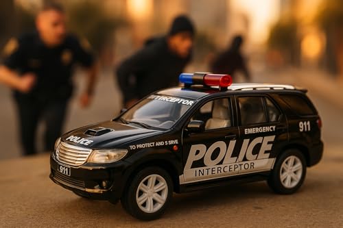 Image of Police Interceptor Toy Car - 15 cm Pull-Back Action Model | Black, Non-Toxic Plastic, Soft Edges | Realistic Design for Kids & Collectors
