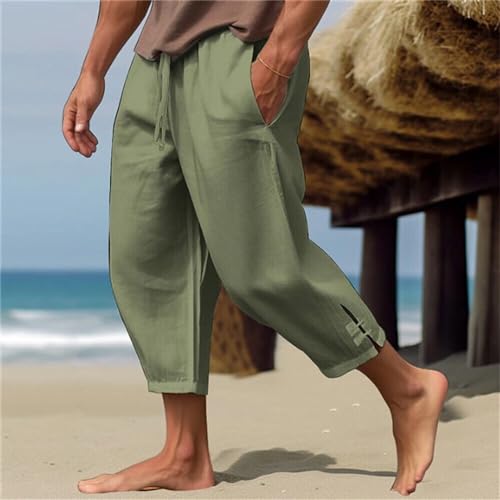 crazynekos Men's Linen Pants Summer Drawstring Cropped Pants Beach Pants2