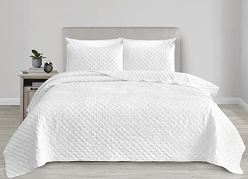 Chezmoi Collection Pucker 3-Piece Queen Size Quilt Set, White Crushed Soft Microfiber Lightweight Bedspread Diamond Stitch Coverlet Quilted Crinkle Textured Bedding Set #TOP21