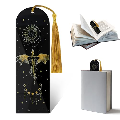 Schwarze Goldene Drachen Lesezeichen mit Quasten Dragon Bookmark Fantasy Doppelseitiges Acryl Lesezeichen mit Sonne Mond Sternen Drachen Geschenk für für Bücher, Leser, Studenten und Büro