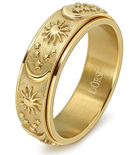 Sun Moon and Star Spinner Fidget Ring for Anxiety for Men Women Stainless Steel Rotating Engagement Wedding Band 8MM