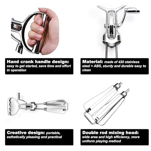 2024 Upgrade Stainless Steel Egg Beater, Rotary Whisk, Easy to Use, Durable Hand Mixer Beaters (1, Silver)