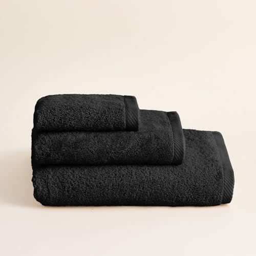 BOHEME | Juego de 3 Toallas Serenity | Negro | 1(30x50) + 1(50x100) + 1(70x140) | 100% Algodón Peinado | 600 g/m² | Suaves, Absorbentes y de Secado Rápido | Lavables a Máquina | Uso Diario