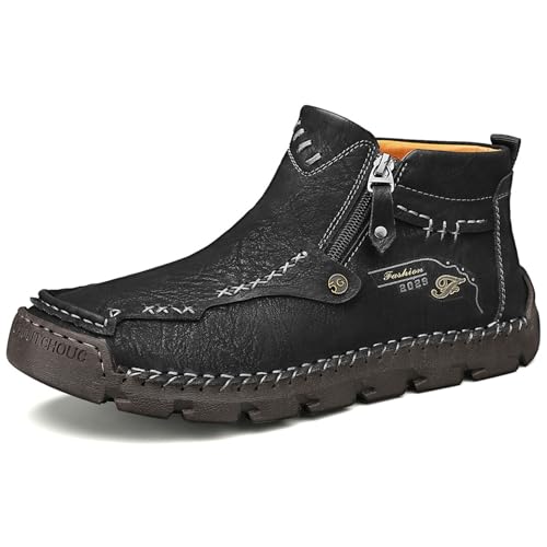 Stepthetop Motorcycle Boots, Stepthetop Boots Men, Men'S Hand-Stitched Leather Boots-Wide Toe, Waterproof, Anti-Slip