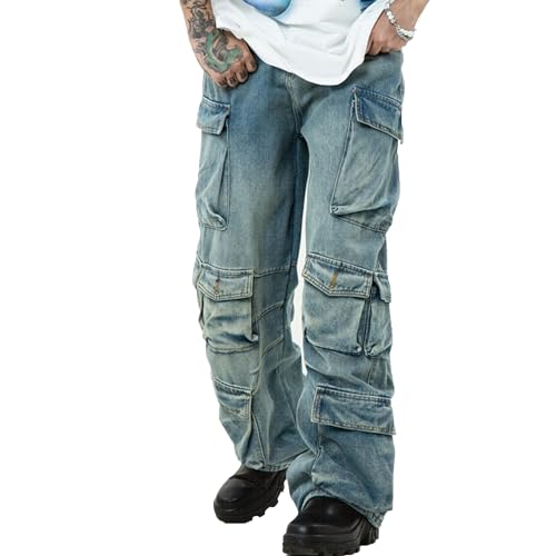 XYXIONGMAO Men's Black Functional Sweatpants Streetwear Slacks Hip Hop Techwear Denim Vintage Washed Cargo Pants Jeans