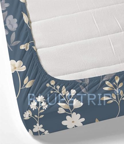 Image of Blue Strip 220TC Glace Cotton Elastic Fitted Bedsheets Single Bed with 1 Pillow Cover | Single Bed with All Around Elastic, Size 42 inch x 75 inch Inches