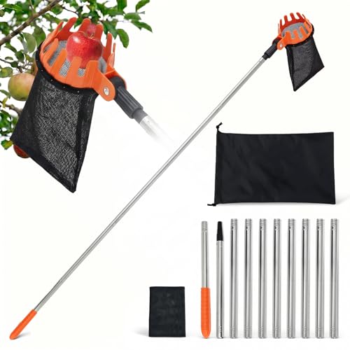 Fruit Picker Tool with 4m Telescopic Stainless Steel Pole 10-Section Apple Cherry Plum Pear Peach Harvester Lightweight Tree Grabber with 2 Fabric Bags & 1 Storage Bag