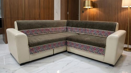 Image of KINGLY L-Shape Sofa Cover 5 Seater 3+2 Velvet Full Cover - Chocolate Brown | Fully covered quilted velvet slipcover, washable anti-slip furniture protector, L-type corner sofa cover for living room