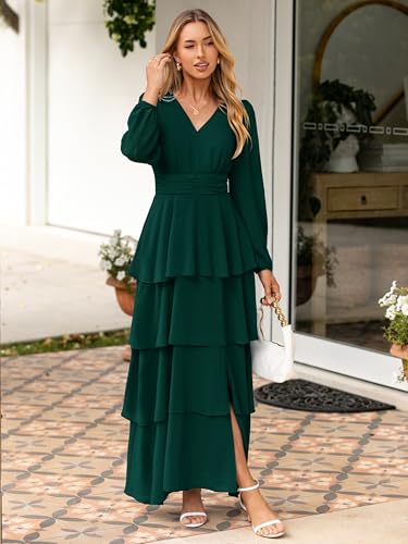 BerryGo Womens Flowy Maxi Dress Chiffon Long Sleeve Slit V Neck Casual Ruffle Tiered Boho Fall Wedding Guest Long Dress2