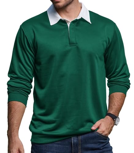 Mens Long Sleeve Polo Shirt Button Down Classic Pullover Sweatshirts for Men Polos with Contrast Collar