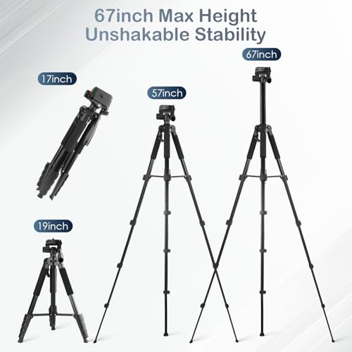Professional Camera Tripod 67" with 3-Way Pan Head with 1/4''Adapter-5-Section Aluminum Tripod for Smartphones DSLRs Includes Oxford Case Load Capacity 6.6lbs - Image 3