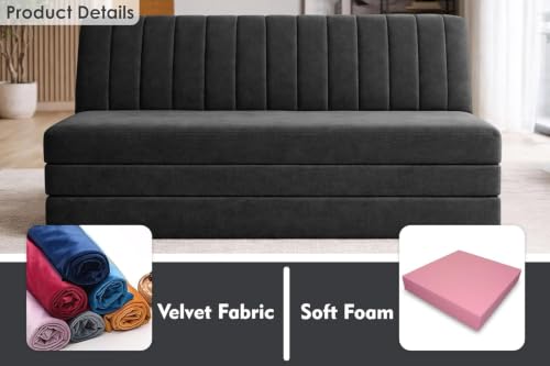 Image of 3-Seater Foldable Sofa Bed with Adjustable Backrest, Modern Velvet Fabric Folding Couch for Living Room, Guest Room & Small Spaces-Black