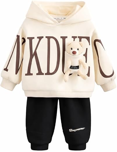 Googo Gaaga Boys Winter Hoodie &amp; Pant Set with Teddy Patch – Warm Fleece Sweatshirt &amp; Jogger Set for Kids (White &amp; Black)