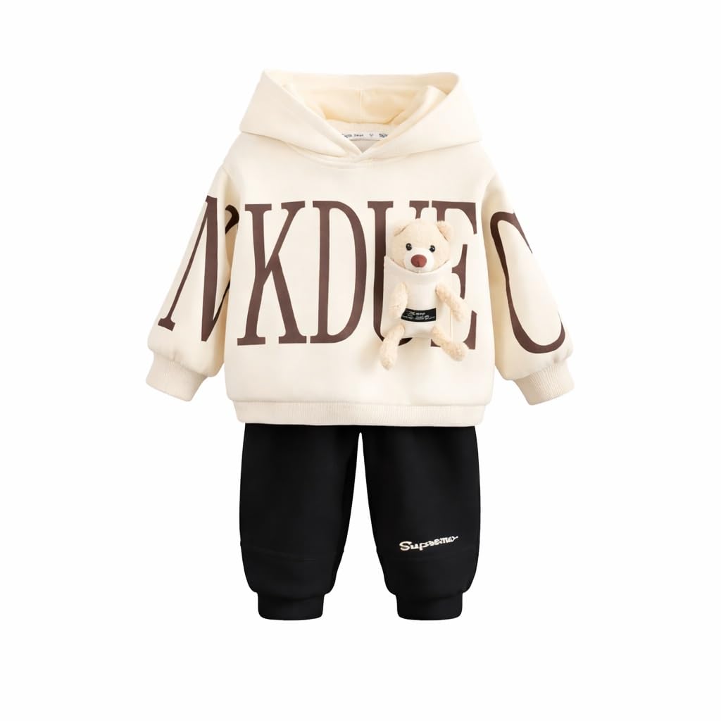 Boys Winter Hoodie & Pant Set with Teddy Patch – Warm Fleece Sweatshirt & Jogger Set for Kids (White & Black)-image-25