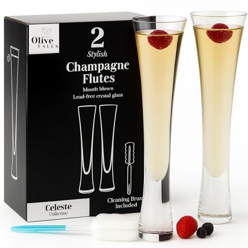 Olive Falls Celeste Champagne Flutes and Cleaning Brush - Handmade Mouth Blown Lead-Free Crystal, Set of 2 Champagne Glasses, Stylish, Durable & Sleek Design of Wine Glasses for Celebrations. (2)