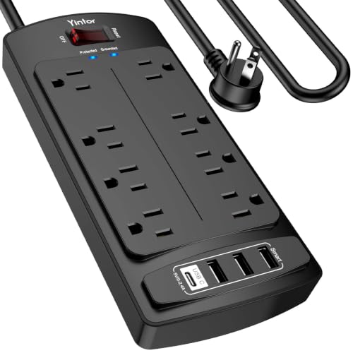 Image of Surge Protector Power Strip, Yintar Flat Plug Extension Cord with 8 AC Outlets and 4 USB Ports, 10 Feet Power Cord, 2700 Joules, ETL Listed, Black