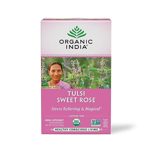 Organic India Tulsi Sweet Rose Herbal Tea - Stress Relieving & Magical, Immune Support, Adaptogen, Vegan, Gluten-Free, USDA Certified Organic, Non-GMO, Caffeine-Free - 18 Infusion Bags, 1 Pack