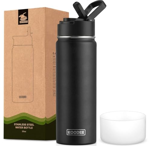 Image of koodee 22 oz Water Bottle with Straw Lid Stainless Steel Vacuum Insulated Sports Water Bottle for School, Reusable Metal Water Bottle Flask for Boy (Black)