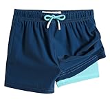 MaaMgic Boys Swimming Shorts 2 in 1 Boxer Brief Compression Liner Toddler Swim Trunks Stretchy Quick Dry Anti Chafe Swimsuits with Pockets Navy Lake Blue