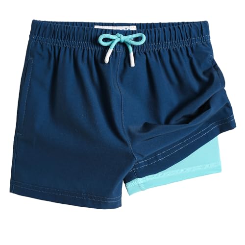 MaaMgic Boys Swimming Shorts 2 in 1 Boxer Brief Compression Liner Toddler Swim Trunks Stretchy Quick Dry Anti Chafe Swimsuits with Pockets Navy Lake Blue