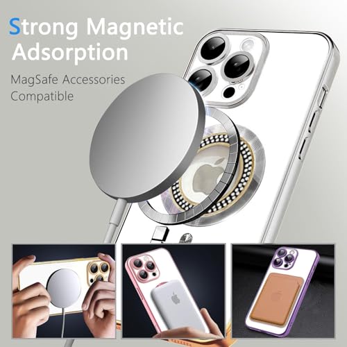 Image of Misscase for iPhone 16 Pro Magnetic Glitter Case Compatible with MagSafe,Full Protection Slim Shockproof Anti-Scratch Case with Camera Lens Protector Logo View Dust-Proof Net for Women Silver