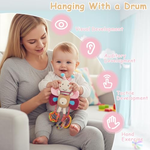 Image of SNOWIE SOFT Baby Toys for 6 to 12 Months Hanging Plush Cartoon Cradle Toys Hanging with Mirror, Rattles and Colorful Pendants, Soft Stroller Car Seat Activity Toy for Infant Sensory Development