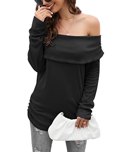 Famulily Haut épaules dénudées Blouse unie sexy à manches longues, #1 noir., S Cover